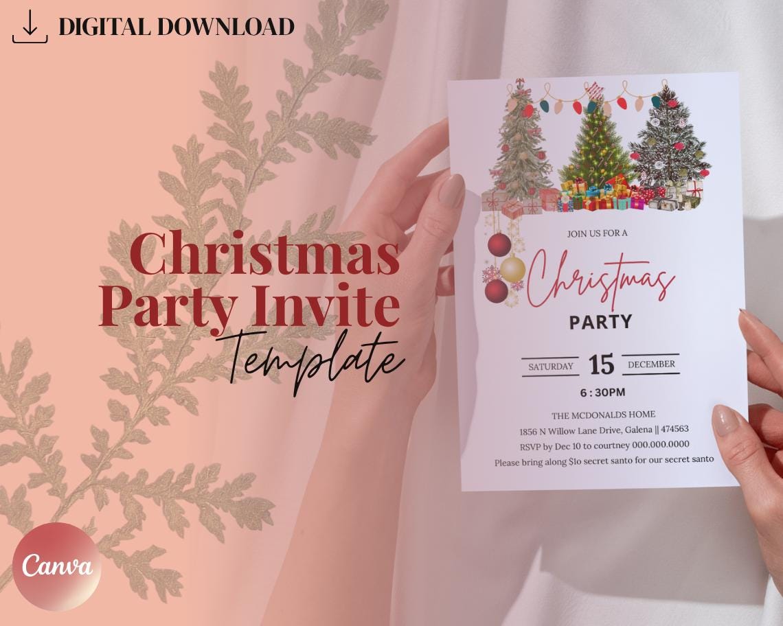 Christmas Party Invitation Template | Editable Canva Design | Instant Download | Customizable Printable Invite
