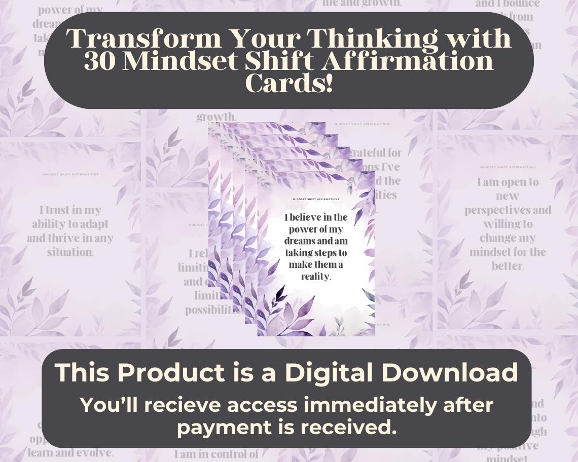 30 Mindset Shift Affirmation Cards | Positive Affirmations For Mindset Change | Editable Canva Graphic Cards | Illustrated Design Aesthetic