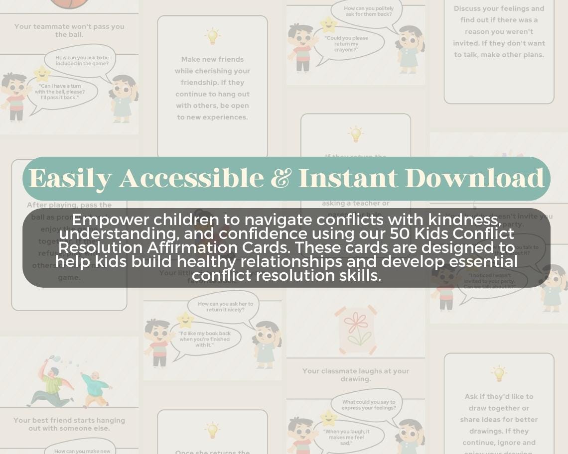 50 Kids Conflict Resolution Affirmation Cards | Positive Affirmations For Kids | Editable Canva Graphic Cards | Illustrated Design Aesthetic