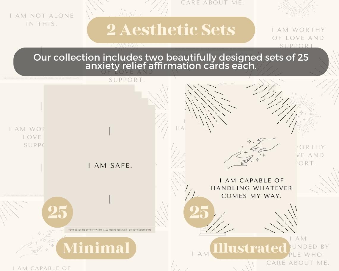 50 Anxiety Relief Affirmation Cards | Positive Affirmations For Worrying | Editable Canva Graphic Cards | Minimal & Illustrated Aesthetic
