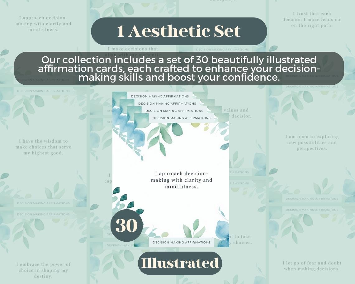 30 Decision Making Affirmation Cards | Positive Affirmations For Decisiveness | Editable Canva Graphic Cards | Illustrated Design Aesthetic