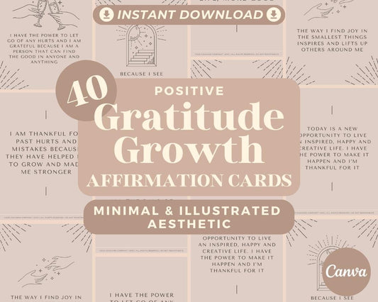 40 Gratitude Growth Affirmation Cards | Positive Affirmations For Gratitude | Editable Canva Graphic Cards | Minimal & Illustrated Aesthetic