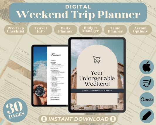 Weekend Trip Planner | Goodnotes, Ipad, Notability, Canva | Daily Weekend Away Planner | Holiday Itinerary List & Vacation Budget Tracker