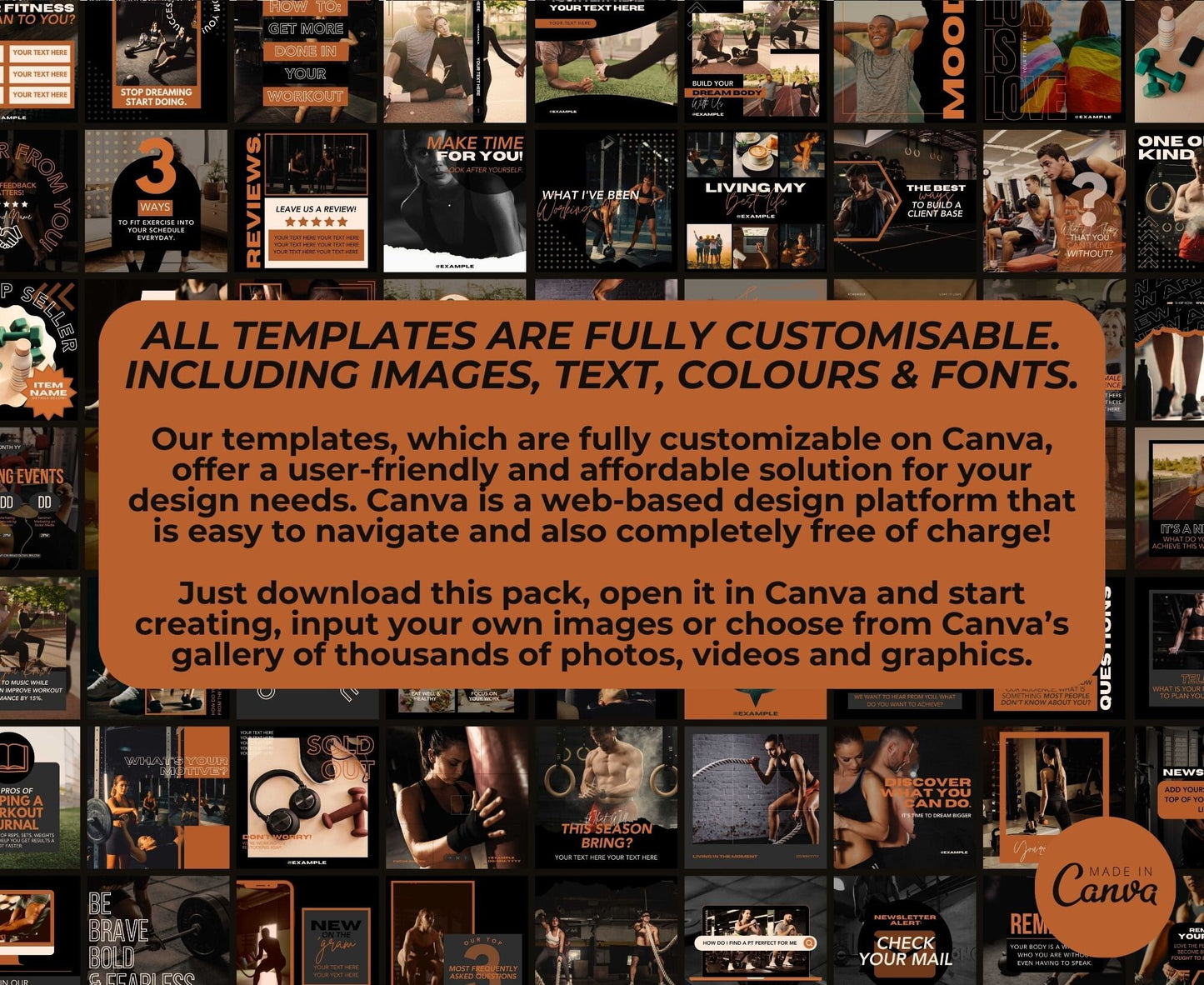 Fitness Instagram Template Posts Editable on Canva | 325 Social Media Graphics | Black Gym Templates | Instagram Story and Post Designs