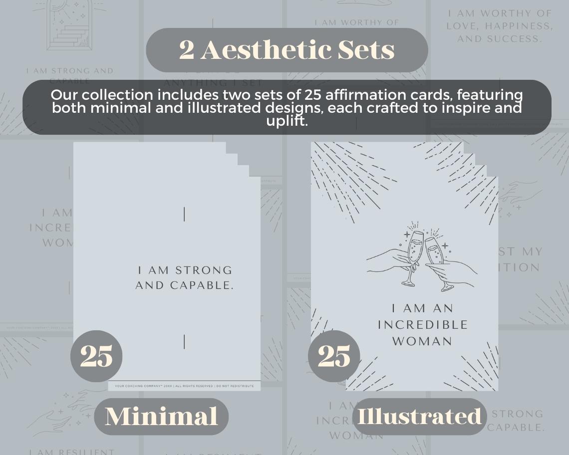 50 Womens Affirmation Cards | Positive Affirmations For Womanhood | Editable Canva Graphic Cards | Minimal & Illustrated Aesthetic