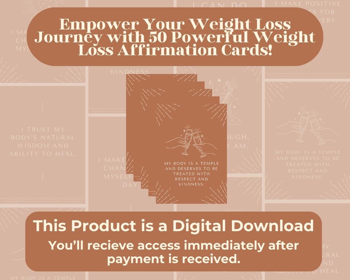 50 Weight Loss Affirmation Cards | Positive Affirmations For Weightloss | Editable Canva Graphic Cards | Minimal & Illustrated Aesthetic