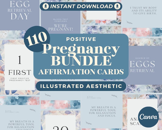 110 Pregnancy Affirmation Cards BUNDLE | Positive Birthing Affirmations | Milestone Cards For IVF Fertility | Editable Canva Graphic Cards |