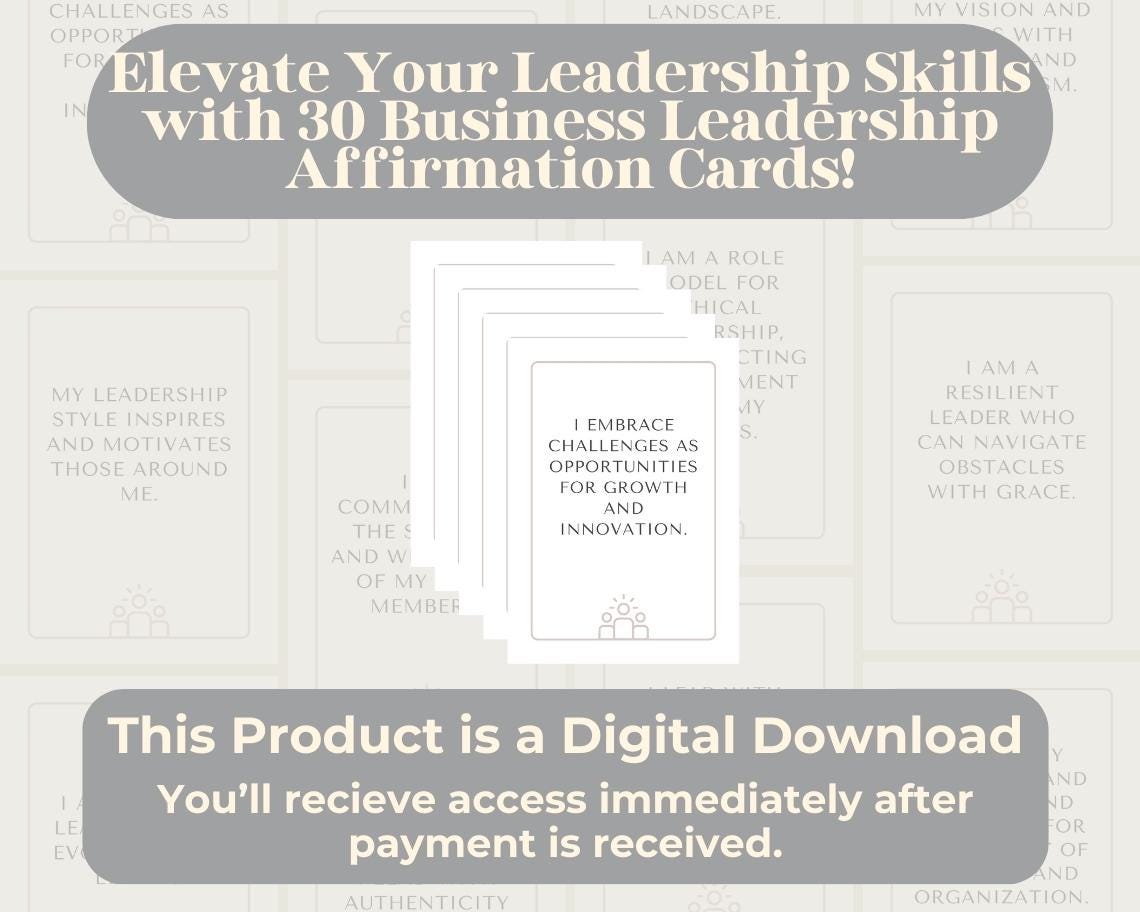 30 Business Leadership Affirmation Cards | Positive Affirmations For Leaders | Editable Canva Graphic Cards | Illustrated Design Aesthetic
