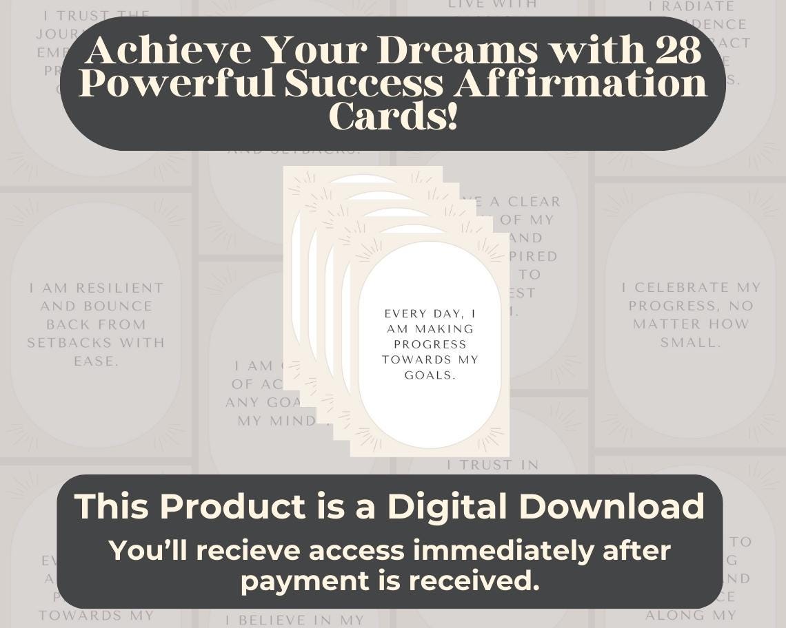 28 Powerful Success Affirmation Cards | Positive Affirmations For Goal Getters | Editable Canva Graphic Cards | Illustrated Design Aesthetic