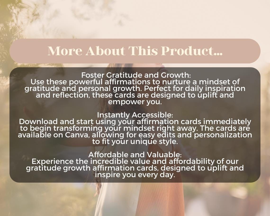 40 Gratitude Growth Affirmation Cards | Positive Affirmations For Gratitude | Editable Canva Graphic Cards | Minimal & Illustrated Aesthetic