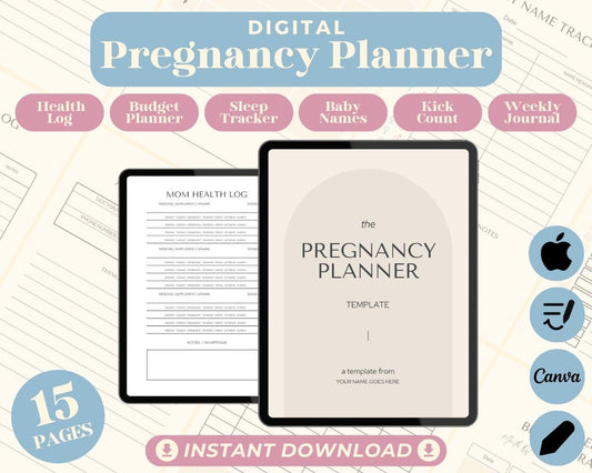 Pregnancy Planner | Goodnotes, Ipad, Notability, Canva | Daily/Weekly/Monthly Planner | Fertility Birth Cycle Pregnant Woman Tracker