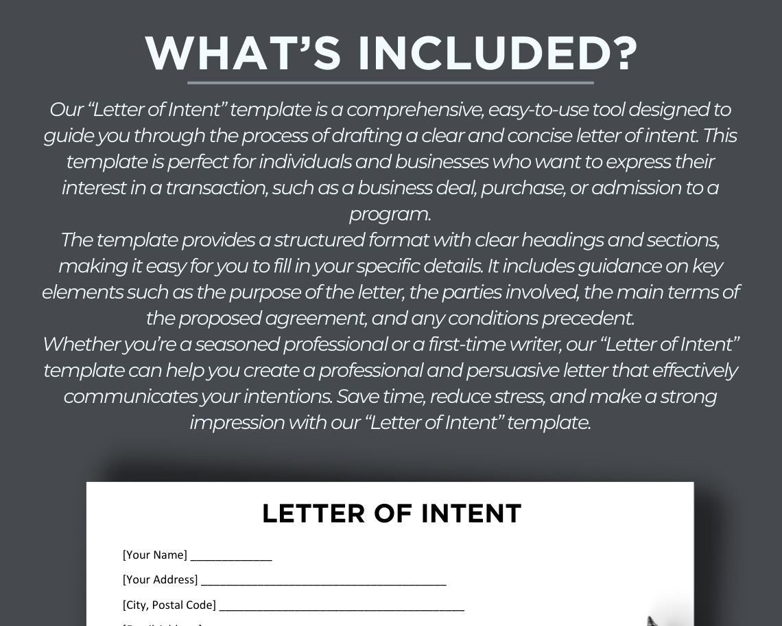 Letter Of Intent | Legal Document Lawyer Certified Binding Contract | Save Money on Legal Fees Instant Printable Download Easily Editable