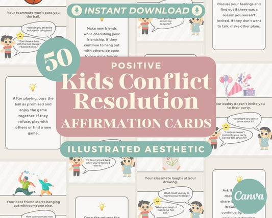 50 Kids Conflict Resolution Affirmation Cards | Positive Affirmations For Kids | Editable Canva Graphic Cards | Illustrated Design Aesthetic
