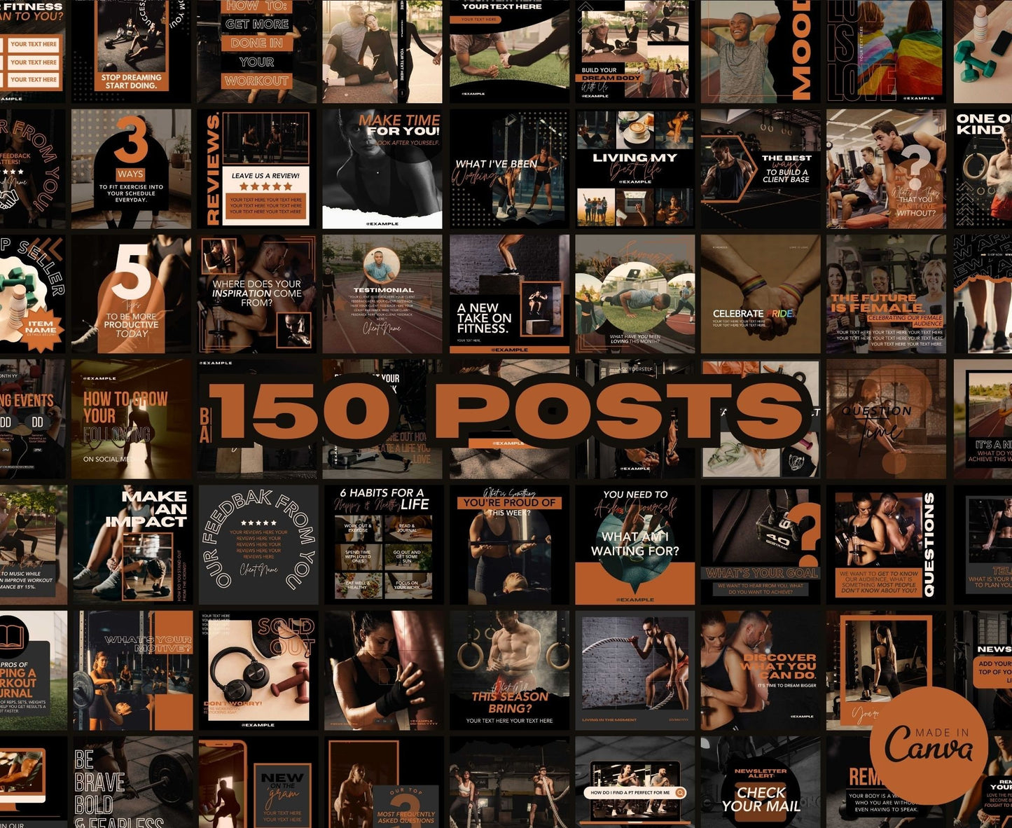 Fitness Instagram Template Posts Editable on Canva | 325 Social Media Graphics | Black Gym Templates | Instagram Story and Post Designs