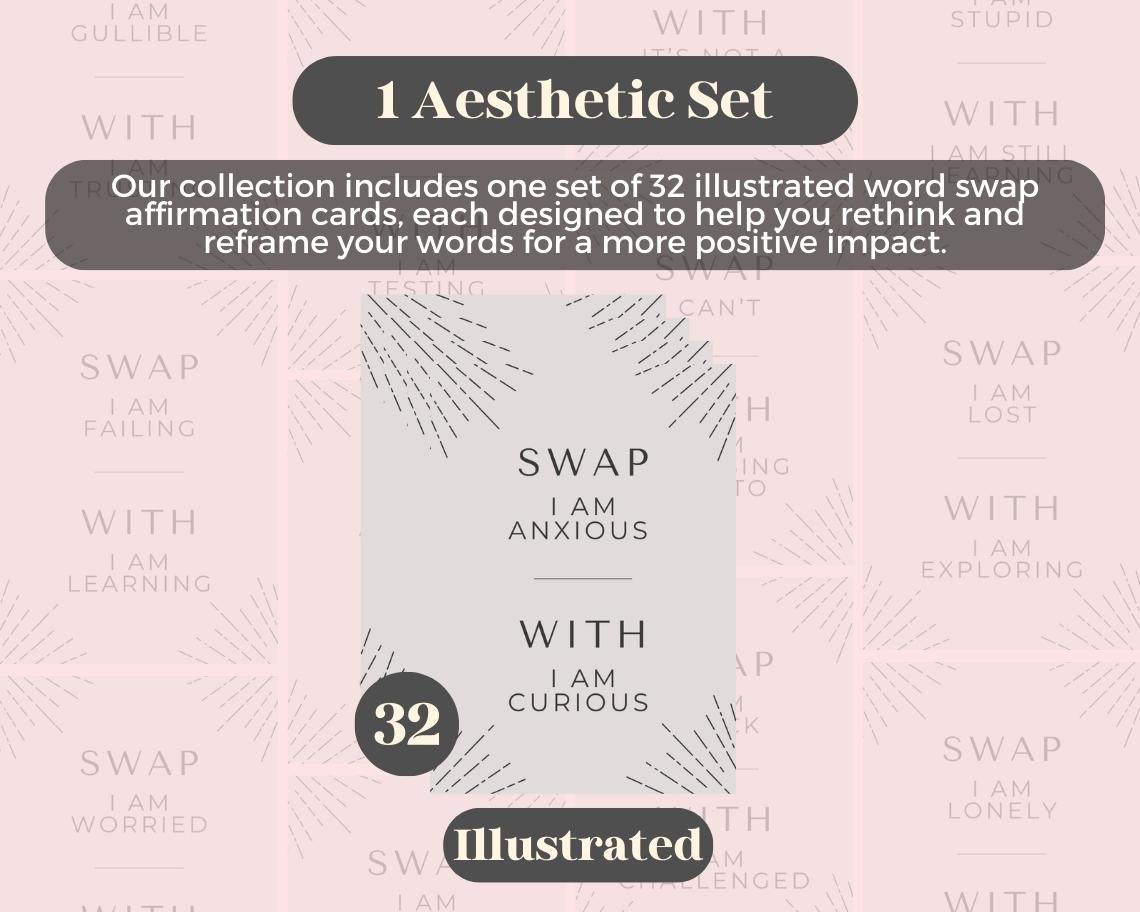 32 Word Swap Affirmation Cards | Positive Affirmations For Empowering Phrases  | Editable Canva Graphic Cards | Illustrated Mantra Aesthetic