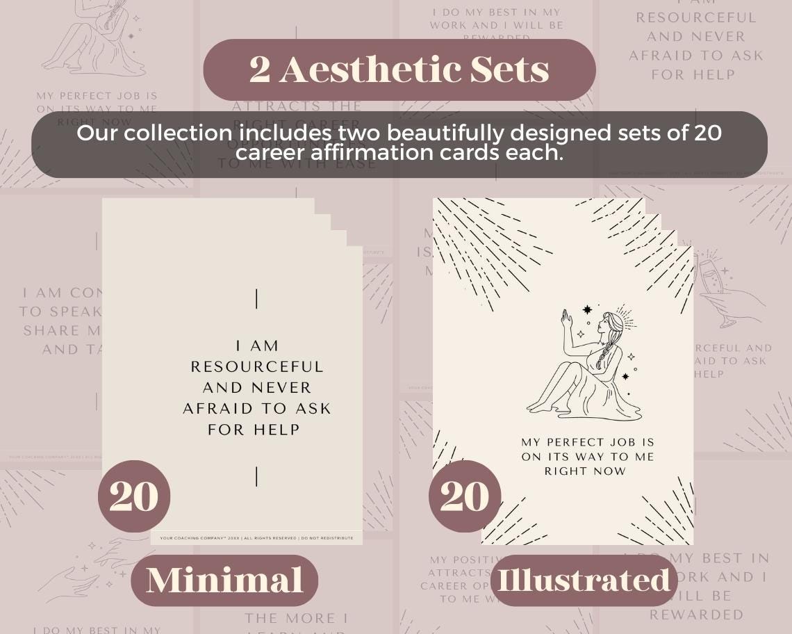 40 Career Affirmation Cards | Positive Affirmations For Job Confidence | Editable Canva Graphic Cards | Minimal & Illustrated Aesthetic