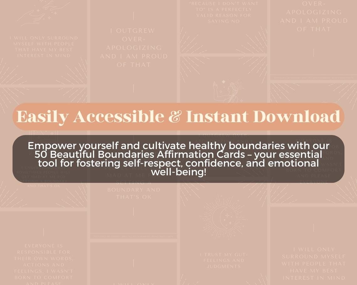 50 Beautiful Boundaries Affirmation Cards | Positive Affirmations Cards | Editable Canva Graphic Cards | Minimal & Illustrated Aesthetic