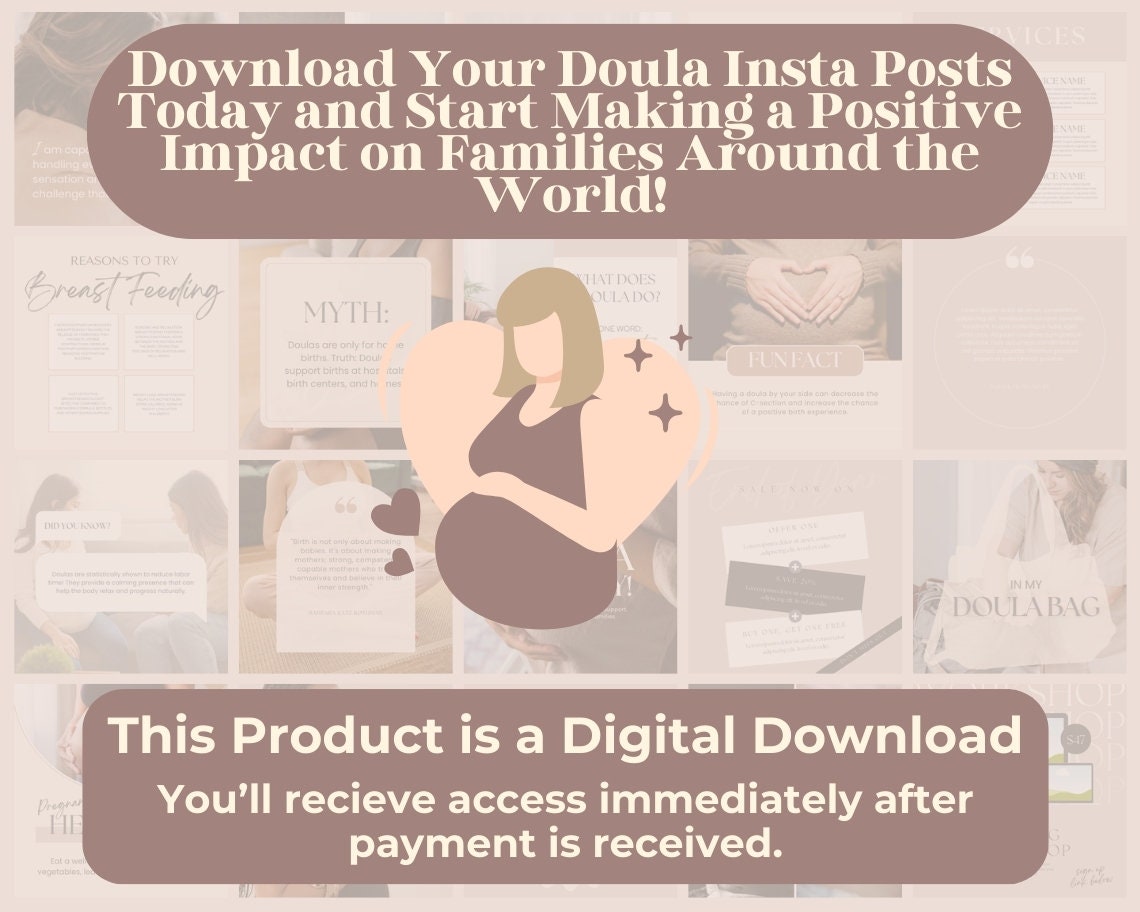 Doula Instagram Posts | 50 Social Media Graphics | Birth Companion Insta Post Templates | Instagram Story and Post Designs For Viral IG