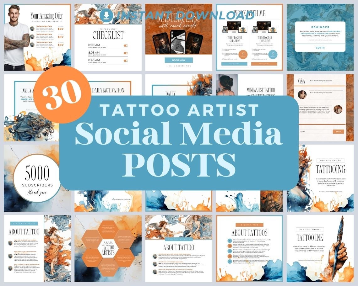 Tattoo Instagram Posts | 30 Social Media Graphics | Tattoo Artist Insta Post Templates | Instagram Story and Post Designs For Viral IG