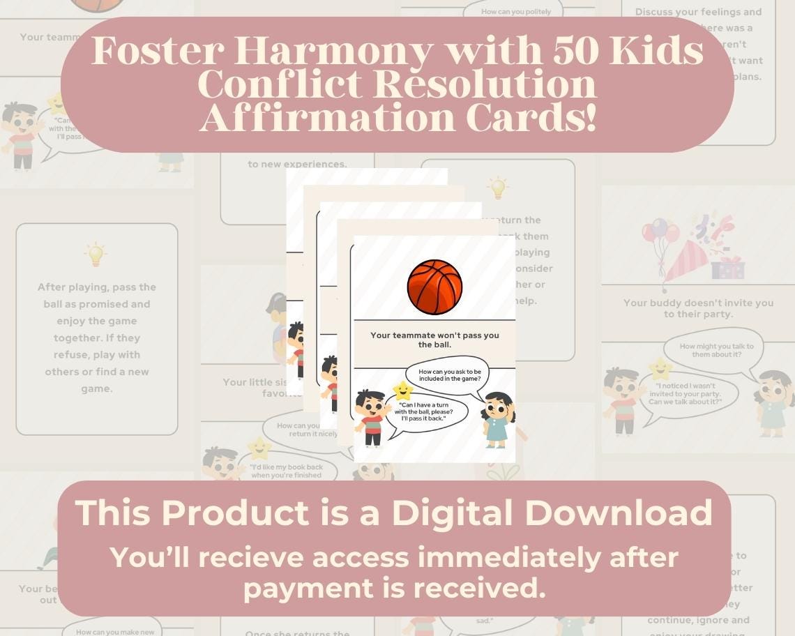 50 Kids Conflict Resolution Affirmation Cards | Positive Affirmations For Kids | Editable Canva Graphic Cards | Illustrated Design Aesthetic