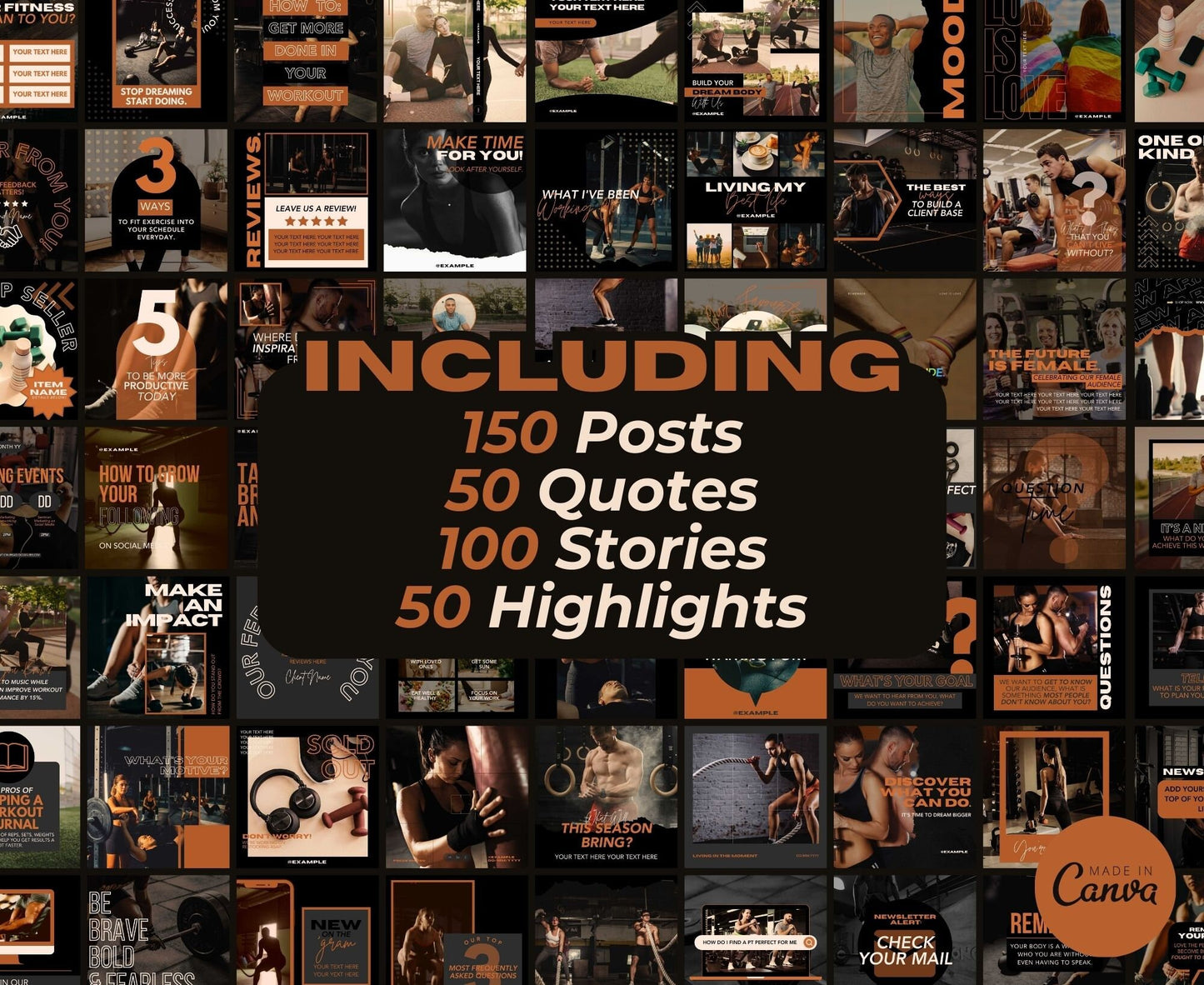 Fitness Instagram Template Posts Editable on Canva | 325 Social Media Graphics | Black Gym Templates | Instagram Story and Post Designs