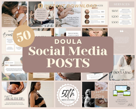 Doula Instagram Posts | 50 Social Media Graphics | Birth Companion Insta Post Templates | Instagram Story and Post Designs For Viral IG