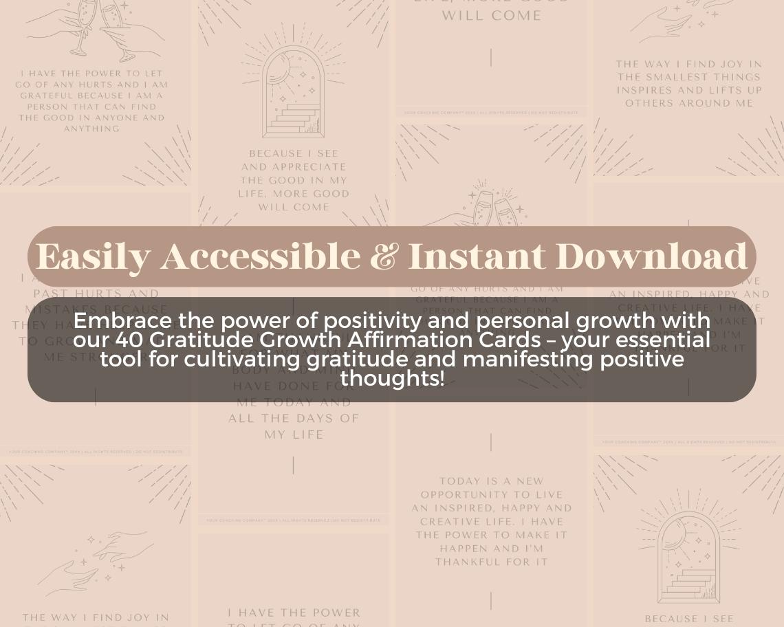 40 Gratitude Growth Affirmation Cards | Positive Affirmations For Gratitude | Editable Canva Graphic Cards | Minimal & Illustrated Aesthetic
