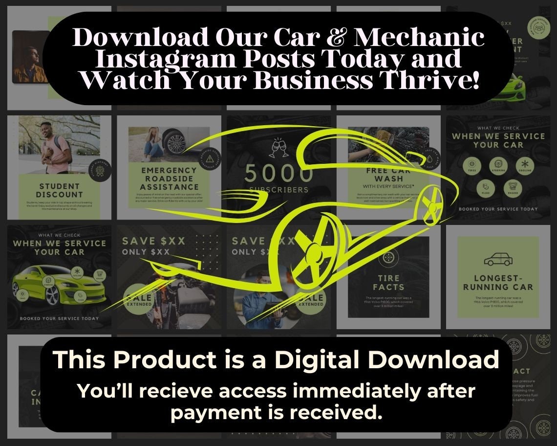 Car & Mechanic Instagram Posts | 30 Social Media Graphics | Gear Head Insta Post Templates | Instagram Story and Post Designs For Viral IG