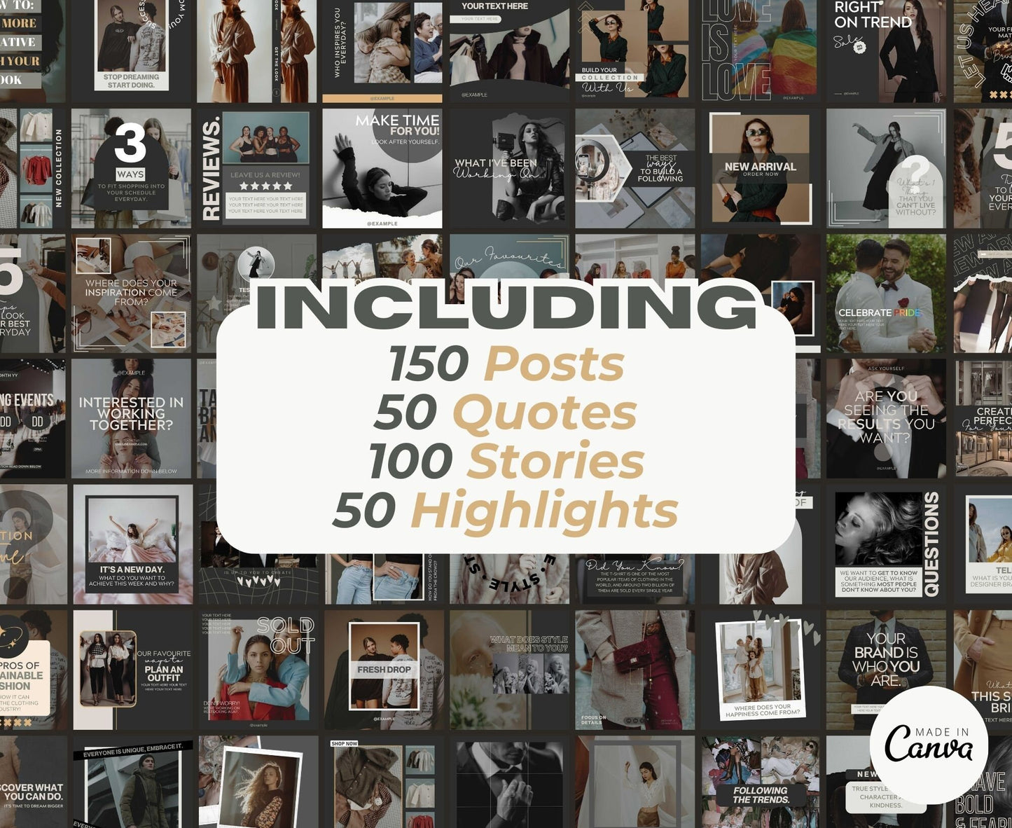 Fashion Instagram Template Posts Editable on Canva | 325 Social Media Graphics | Black Glamour Templates | Instagram Story and Post Designs