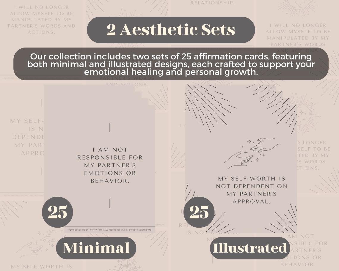 50 Outgrowing Toxic Love Affirmation Cards | Positive Affirmations For Love | Editable Canva Graphic Cards | Minimal & Illustrated Aesthetic