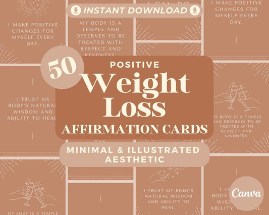 50 Weight Loss Affirmation Cards | Positive Affirmations For Weightloss | Editable Canva Graphic Cards | Minimal & Illustrated Aesthetic
