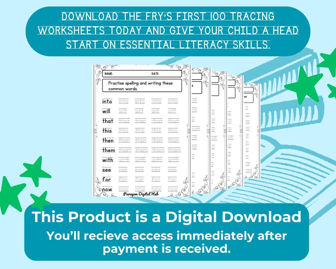 Fry’s First 100 Tracing Worksheets | 10 Printable Sight Word Pages | Early Literacy Practice for Kids & Preschoolers