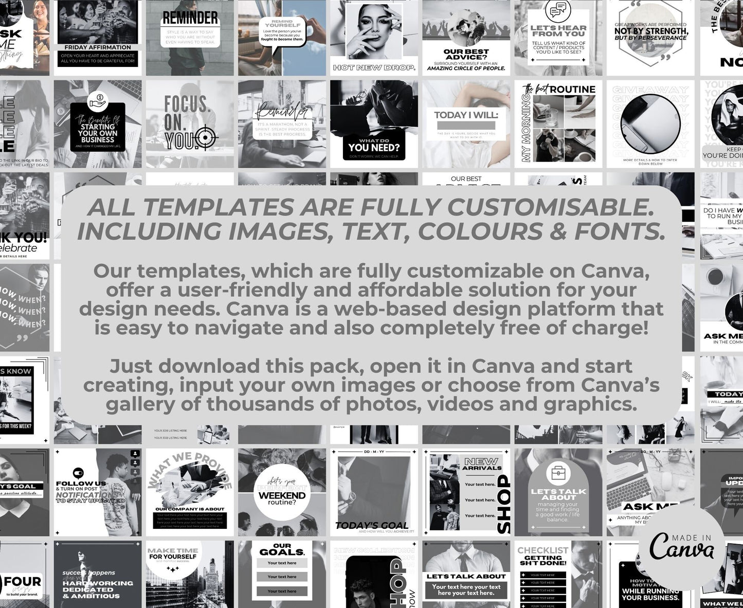 Over 625 Editable White & Black Instagram Templates for Canva | Social Media Graphics | Sleek IG Templates | Instagram Story/Post Designs