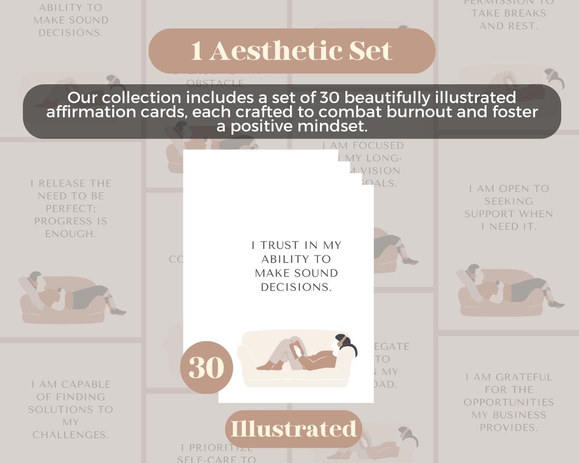 30 Business Burnout Affirmation Cards | Positive Affirmations For Businesses | Editable Canva Graphic Cards | Illustrated Design Aesthetic