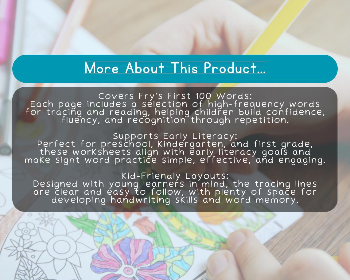 Fry’s First 100 Tracing Worksheets | 10 Printable Sight Word Pages | Early Literacy Practice for Kids & Preschoolers