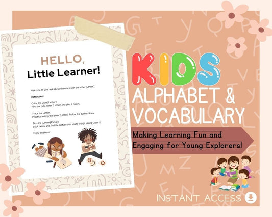 Kids Alphabet & Vocabulary  | Children's Learning Sheet | Teach Kids and Toddlers Pages | Kids Educational Templates For Learning Words