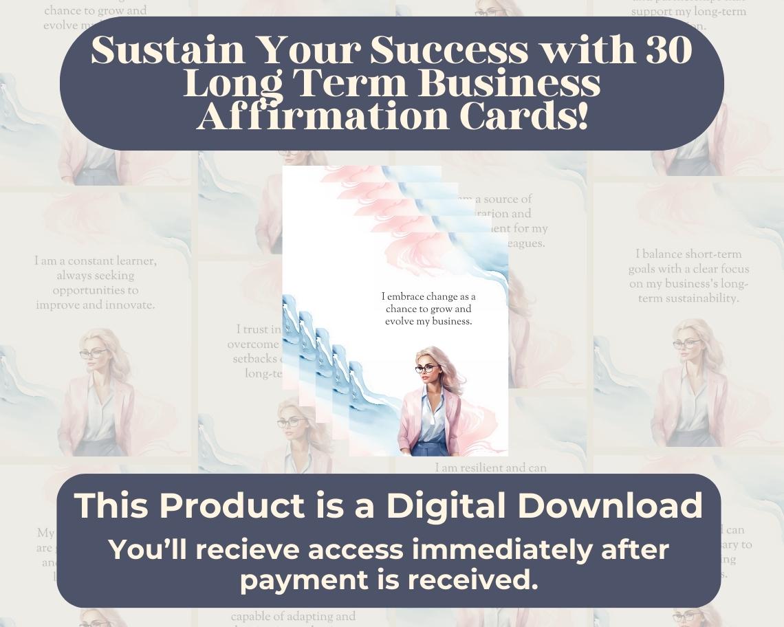 30 Long Term Business Affirmation Cards | Positive Affirmations For Business | Editable Canva Graphic Cards | Illustrated Design Aesthetic