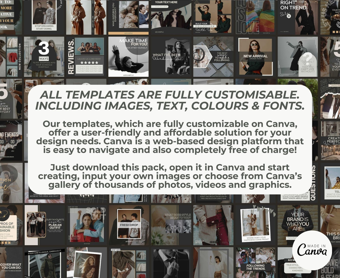 Fashion Instagram Template Posts Editable on Canva | 325 Social Media Graphics | Black Glamour Templates | Instagram Story and Post Designs