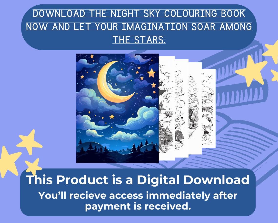 Night Sky Colouring Book | 13 Nocturnal Themed Graphic Pages | Kids & Adults Art Books | Printable Drawing Colour Sheets All Ages |