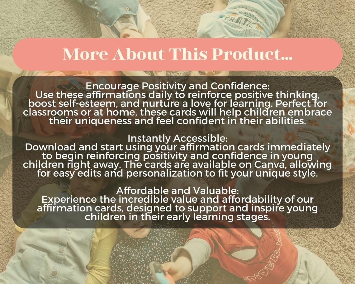 40 Kindergarten Affirmation Cards | Positive Affirmations For Preschool Kids | Editable Canva Graphic Cards | Children Illustrated Aesthetic