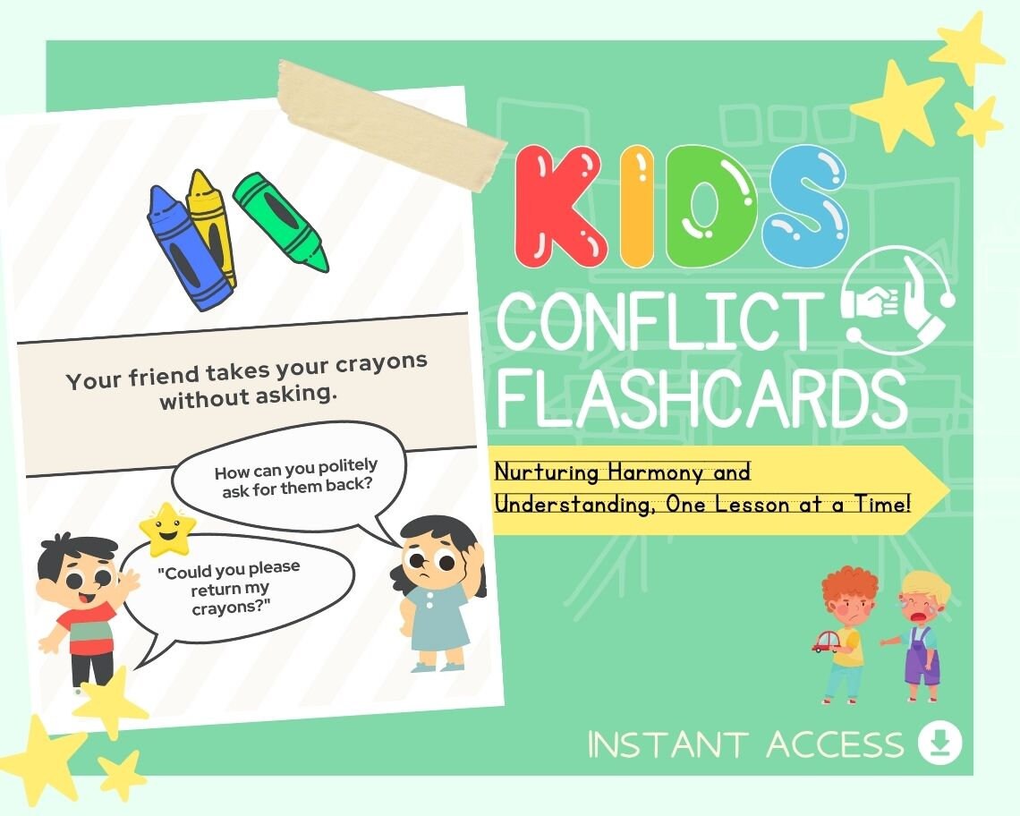 Kids Conflict Flashcards | Childrens Learning Sheet | Teach Kids & Toddlers Pages | Kids Educational Templates For Temper and Resolution