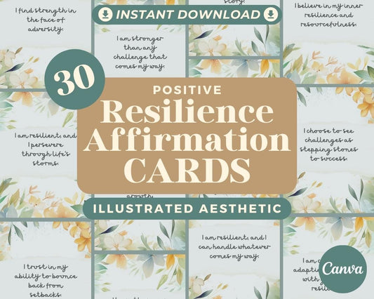 30 Journal of Resilience Affirmation Cards | Positive Affirmations For Courage | Editable Canva Graphic Cards | Illustrated Design Aesthetic