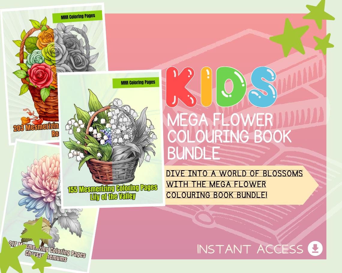 MEGA Flower Colouring Book Bundle | 722 Spring Themed Graphic Pages | 4 Kids & Adults Art Books | Printable Drawing And Colour Sheets |