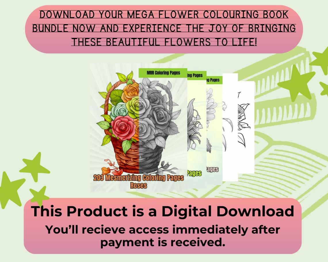 MEGA Flower Colouring Book Bundle | 722 Spring Themed Graphic Pages | 4 Kids & Adults Art Books | Printable Drawing And Colour Sheets |