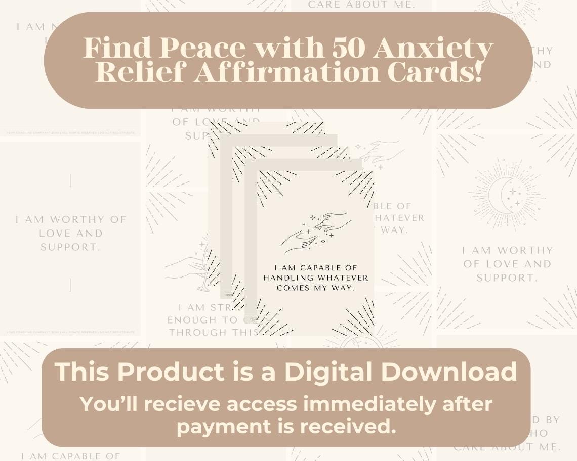 50 Anxiety Relief Affirmation Cards | Positive Affirmations For Worrying | Editable Canva Graphic Cards | Minimal & Illustrated Aesthetic