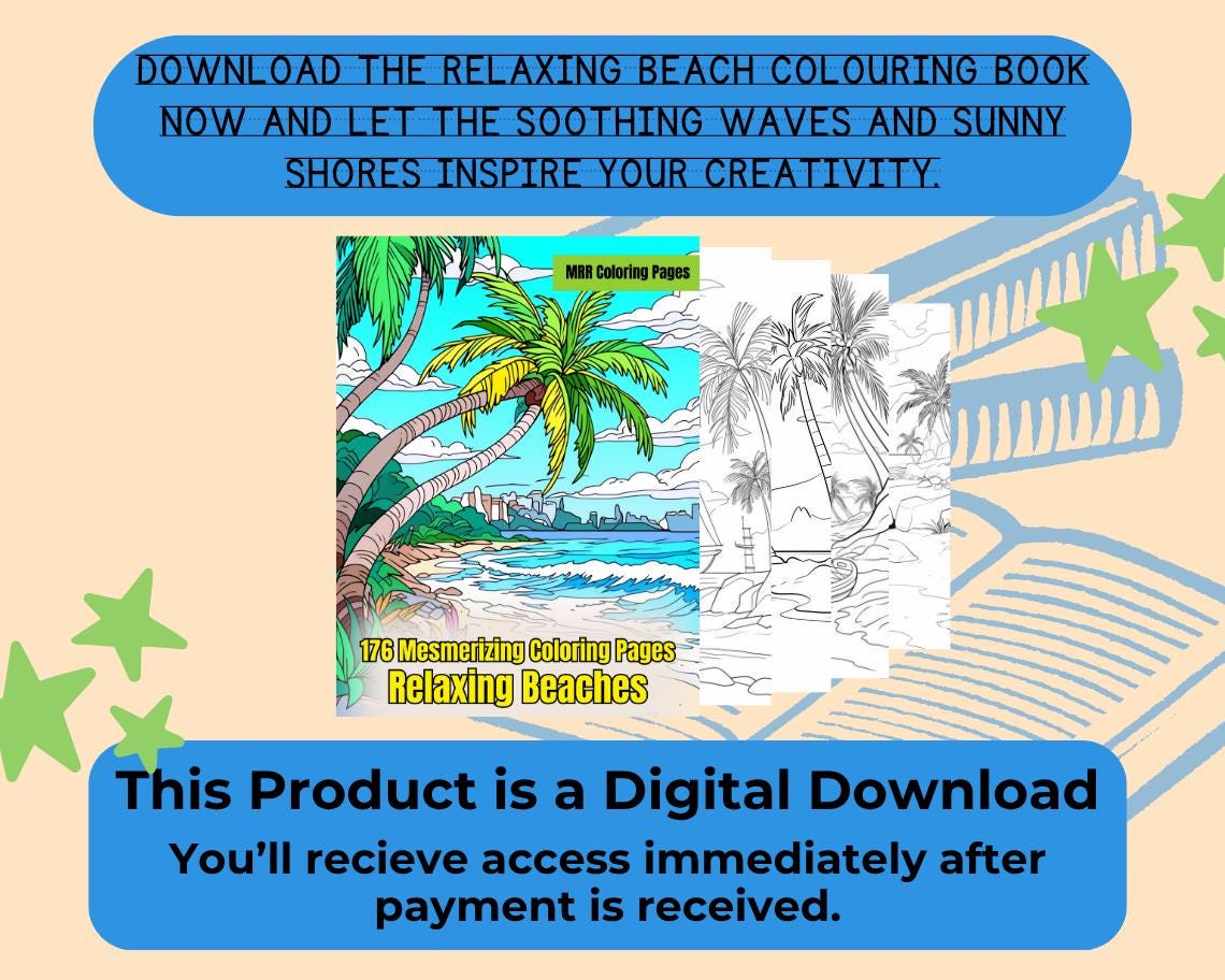 Relaxing Beach Colouring Book | 176 Sandy Themed Graphic Pages | Kids & Adults Art Books | Printable Drawing Colour Sheets For All Ages |
