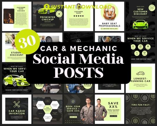 Car & Mechanic Instagram Posts | 30 Social Media Graphics | Gear Head Insta Post Templates | Instagram Story and Post Designs For Viral IG