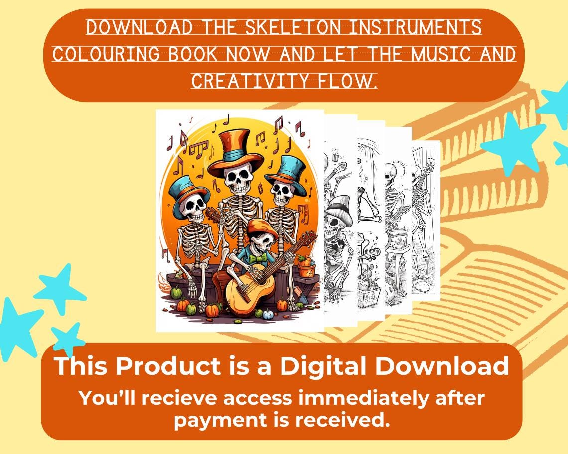 Skeleton Instrument Colouring Book | 18 Skeletal Themed Graphic Pages | Kids & Adults Art Books | Printable Drawing Colour Sheets All Ages |