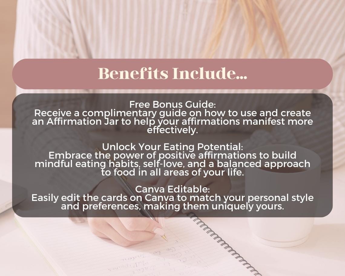 60 Mindful Eating Affirmation Cards | Positive Affirmations For Health | Editable Canva Graphic Cards | Minimal & Illustrated Aesthetic