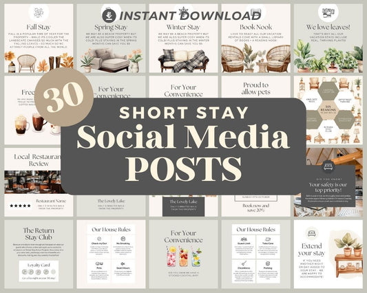 Short Stay Instagram Posts | 30 Social Media Graphics | Air BnB Hotel Insta Post Templates | Instagram Story and Post Designs For Viral IG